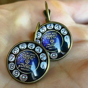 🆕🙂Retro Vintage Aged Trends Creative Rotary Phone Earrings - Blue Black